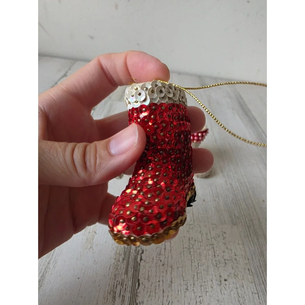 Vintage pushpin Santa boot shoe sequin ornament pearls Xmas tree